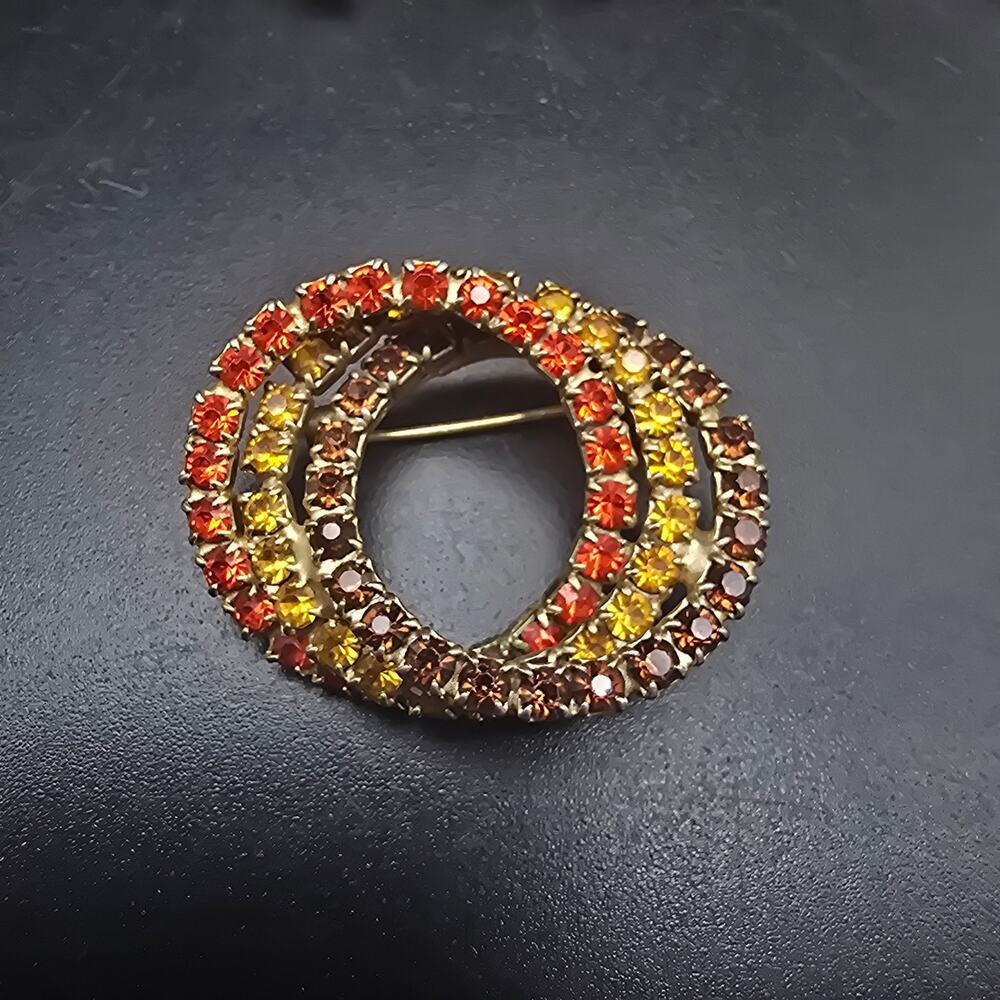 Autumn Fall Colored Rhinestone Circle Brooch Vintage Glam Jewelry - Picture 6 of 6